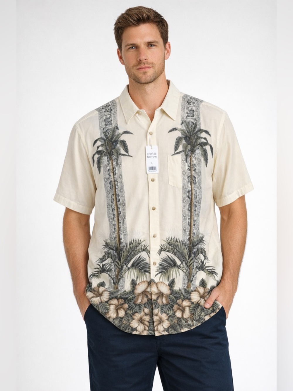 Croft & Barrow Tropical Palm Trees Floral Print Men's Camp Shirt Size Large, NWT